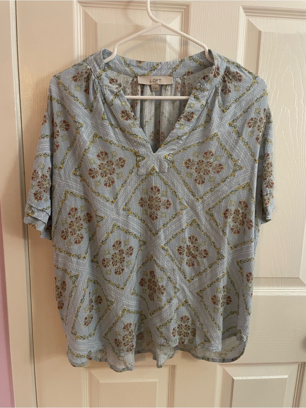 LOFT Light Blue Floral Split-Neck Blouse